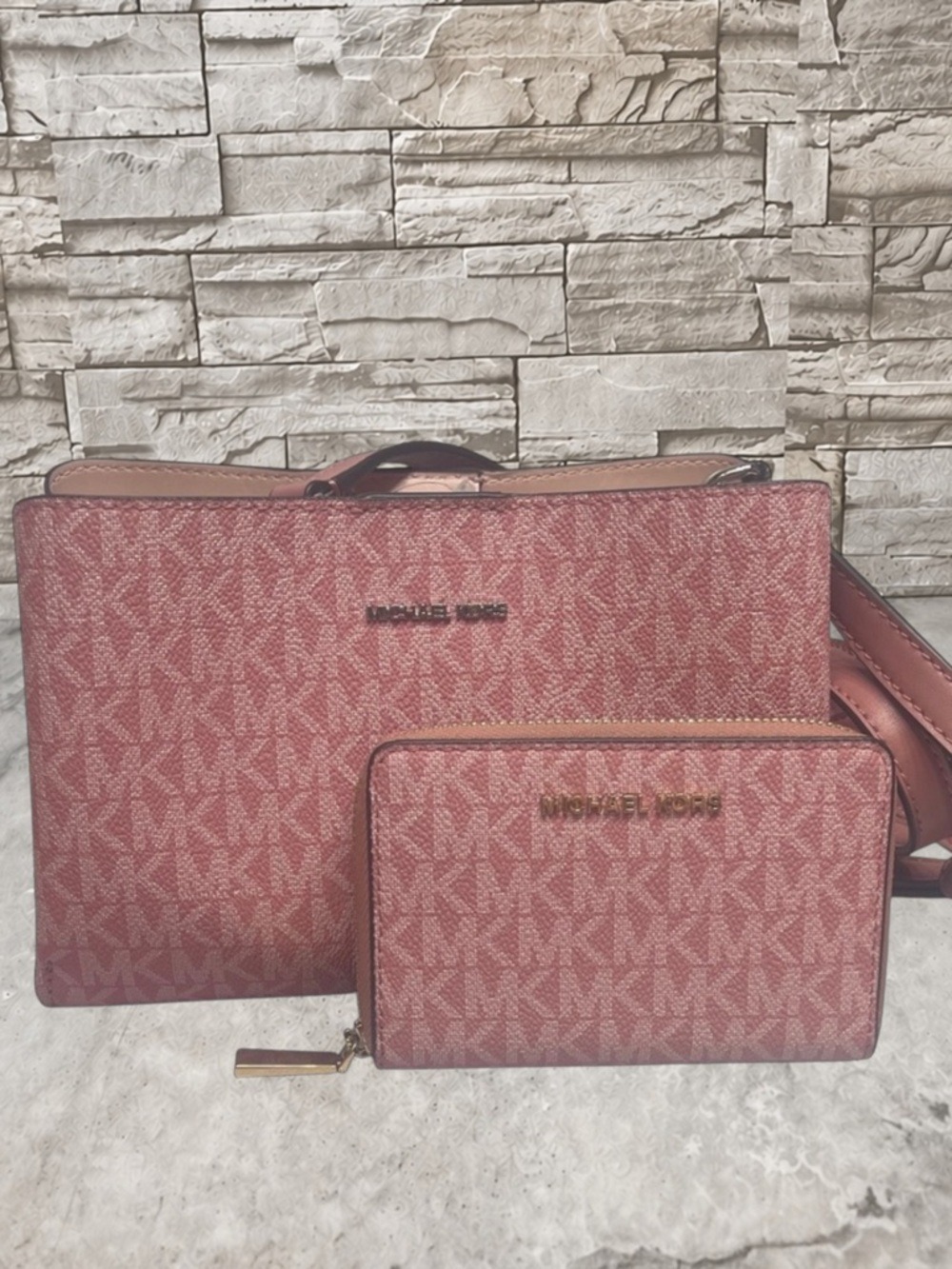 Michael Kors Ruthie Crossbody & Matching Wallet MK Signature Logo Rose Pink